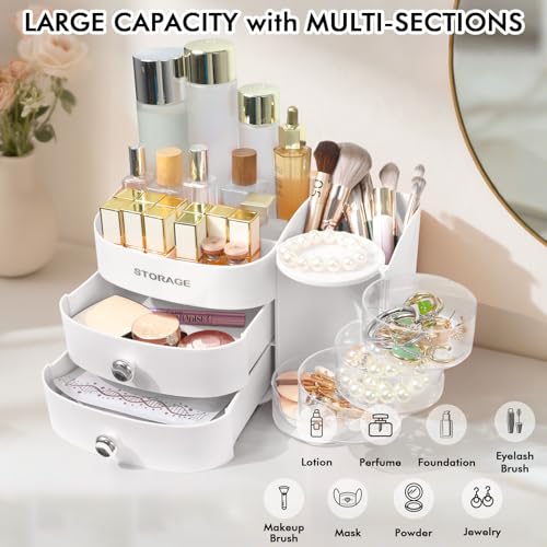 Makeup Organizer Countertop with Drawers, Make up Organizers for Vanity, Skincare Jewelry Earring Organizers, Cosmetic Display Cases Makeup Storage for Bedroom & Bathroom, Ideal Gifts for Women(White) - color: White