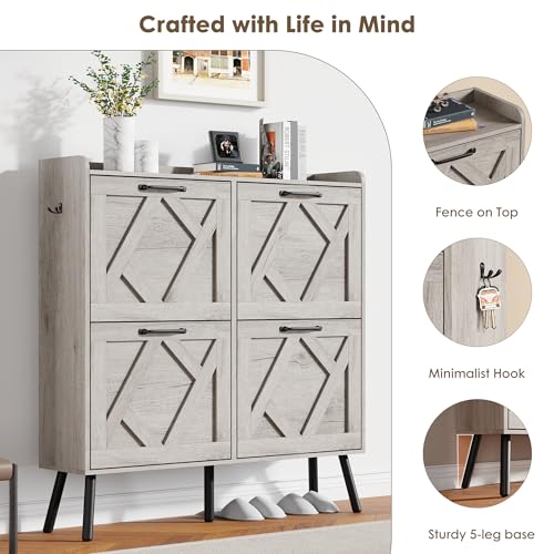 Nicetree Shoe Cabinet with 4 Flip Drawers, Freestanding Shoe Organizer Cabinet, Farmhouse Narrow Shoe Storage Cabinet for Entryway, Foyer, Hallway, Gray - color: Grey, style: 4-Drawers
