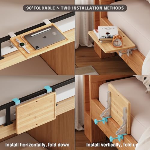 Magheo Bedside Shelf Wood, Foldable Clip-On Bunk Bed Table Shelf for Top Bunk Space Saving Bed Side Table Tray for College Dorm Room Essentials, Loft Nightstand Organizer Tray with 2 Cord Hole(Black) - size: Foldable