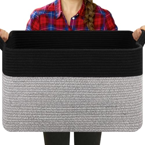 OIASKET Blanket Basket for Living Room, Woven Cotton Rope Basket for Storage Clothes, Towels, Pillows, Toy Storage Bin for kids with Handles, 20" x 16" x 12", Black and Grey - color: Black & Grey, size: 19.7"x15.8"x11.8"