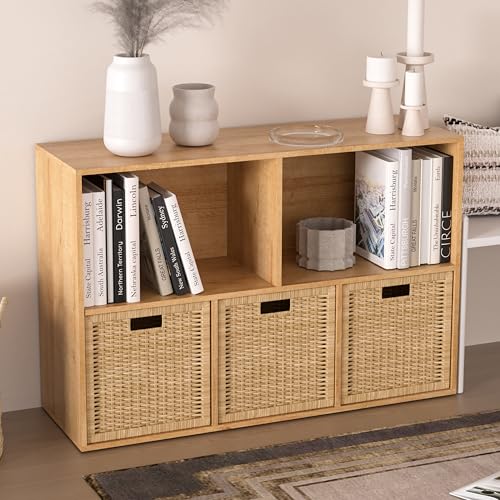 Wooden 5 Cube Storage Organizer with Closed Back Panel,White Cube Shelf Cubby Storage Organizer with Compartments for Living,Bookshelf, Easy to Install (Oak, 5 Cube-11in) - color: Oak, size: 5 Cube-11in