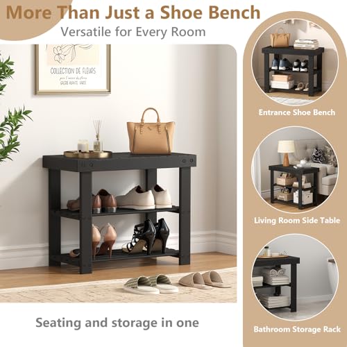 Sweetcrispy Shoe Rack Bench, 3-Tier Bamboo Entryway Storage Organizer, 286lb Capacity, Shoes Stand for FrontDoor Entrance, Bedroom, Living Room, Bathroom, Balcony, 19 Inches Length, Black - color: Black, size: 19 inches WIdth