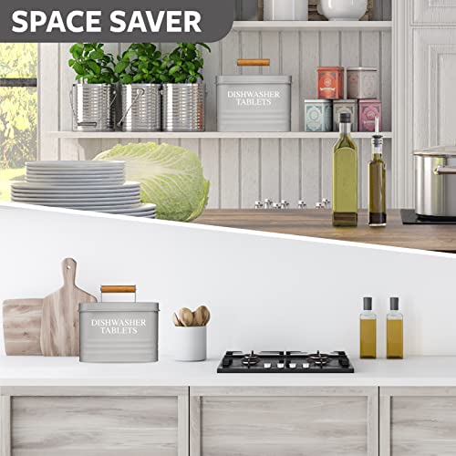 Calindiana Modern Farmhouse Metal Dishwasher Pods Container with Lid for Kitchen Organization and Storage, Kitchen Essentials Decor Accessories, Dishwasher Pods Holder, Grey - color: Grey