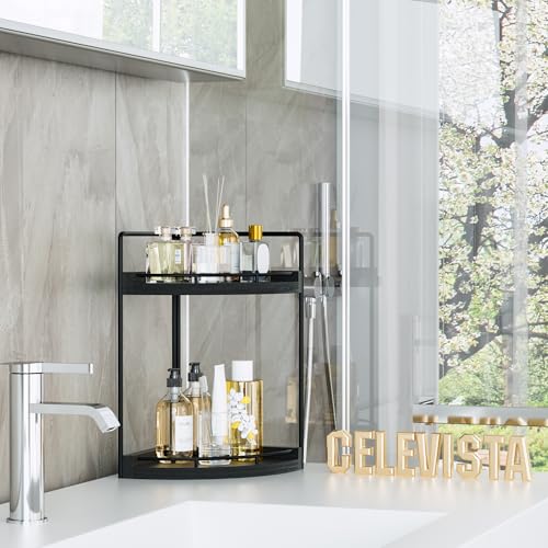 Corner Bathroom Counter Organizer, 2 Tier Wood Vanity Storage, Waterproof Skincare Shelf for Kitchen & Toiletries Decor, Dresser (Black-2 Tier) - color: Black-2 Tier