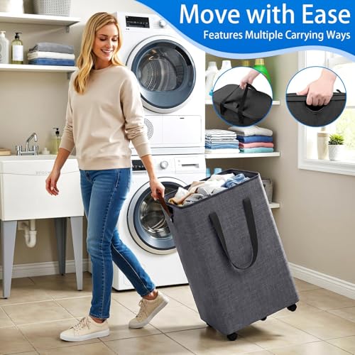 Laundry Basket with 5 Wheels, Tall Dirty Laundry Hamper, Rolling Laundry Basket with Lid, Collapsible Clothes Hamper for Bathroom Bedroom Dorm Laundry Room, Light Gray, 75L - color: Light Gray, size: 75L