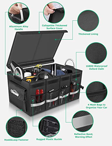 Oasser Trunk Organizer Cargo Organizer Trunk Storage Waterproof Collapsible Durable Multi Compartments with Foldable Hard Cover Aluminium Alloy Handle Reflective Strip (Large, Black) - color: Black, size: Large