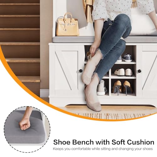 71" Hall Tree with Bench and Shoe Storage, Entryway Hall Tree with 2 Doors and 6 Adjustable Shelves, Cushioned Storage Bench with Coat Rack for Hallway, Living Room, Mudroom - color: White