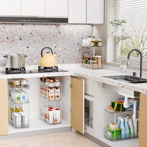 4 Pack Large Pull Out Bathroom Organizers and Storage,2 Tier 12.8″ Tall Sliding Kitchen Under Sink Organizer for Cleaning Products Storage,Acrylic Clear Bathroom inder Sink Organizer,Undersink Storage - style: 4 Pack-2 Tier