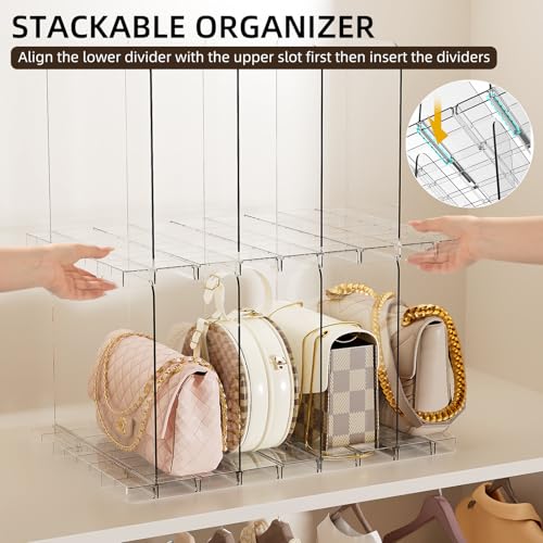 JOYZAN Stackable Purse Organizer for Closet, Adjustable Closet Purse Organizer, Clear Acrylic Shelf Dividers, Detachable Handbag Storage Separator Dividers for Home, Office - 2 Pack - size: 2 Pack
