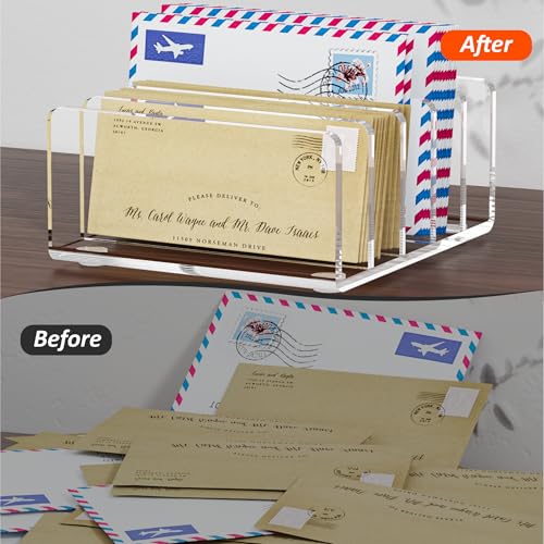 FUCDTEFC Desk Mail Organizer, 5 Section Clear Acrylic File Holder Letter Organizer, Vertical Lightweight Modern Envelope Holder Desk Accessories & Workspace Organizers for Office, Home, School - size: 5 Section Clear