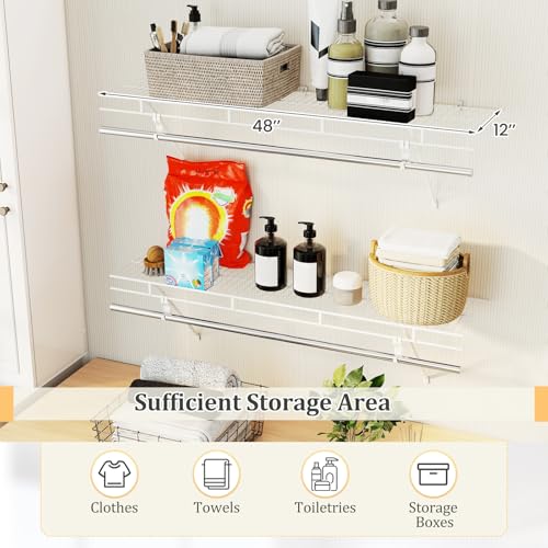 Giantex Closet Shelf with Hanging Rod, 4 ft Wall Mounted Wire Shelving Kit with Storage Shelf & Clothes Rod, Ventilated Metal Wall Shelf Organizer for Laundry Room, Closet, Bedroom, White - size: 4 ft