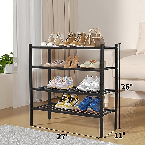 ROMGUAR CRAFT 4 Tier Bamboo Shoe Rack for Closet Free Standing Wood Shoe Shelf for Entryway Small Space Stackable 27"x11"x26" (Black) - color: Black, size: 4 tier
