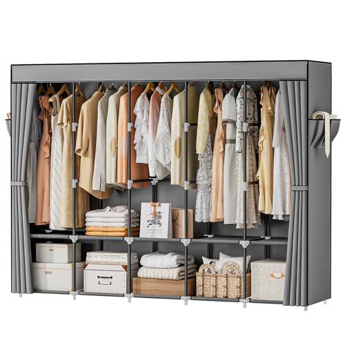 Neatrays Portable Closets for Hanging Clothes, 83 Inch Large Capacity Wardrobe Closet, Freestanding Armario De Ropa Closet with Cover & 5 Hanging Rods & 10 Storage Shelves (Grey) - color: Grey, size: 5 Row - 83"Wide