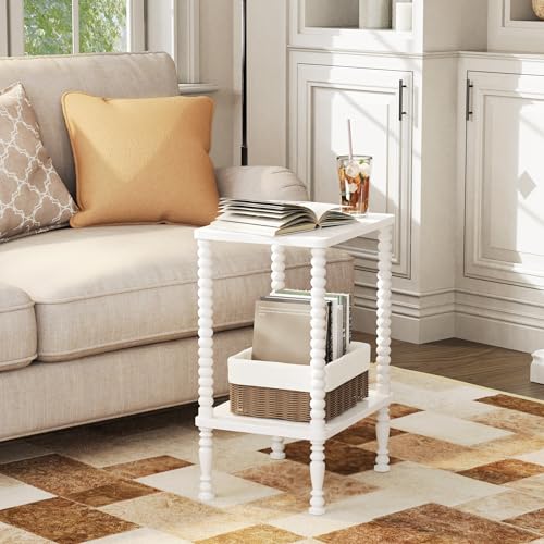 Side Table, 2-Tier Wood End Table, Vintage Bedside Nightstand with Open Storage Shelf for Living Room, Bedroom, Office, White - color: White, size: 2-Tier