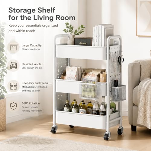 3 Tier Rolling Cart Metal with DIY Pegboard, White Rolling Cart on Wheels for Art Supply Organizer, Three Tiered Craft Organizers and Storage Cart, Utility Hobby Carts for Baby Diaper Caddy,Nail,Book - color: White, size: 3 Tier+Pegboard+Cups+Hooks