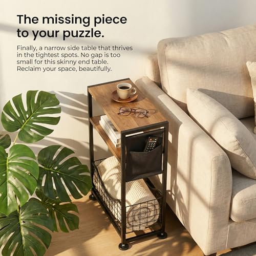 Skinny Side Table with Storage, 3 Tier Slim Side Tables for Small Spaces, Skinny End Table Narrow Bedside Table Narrow Side Table for Living Room, Bedroom - color: Rustic Brown