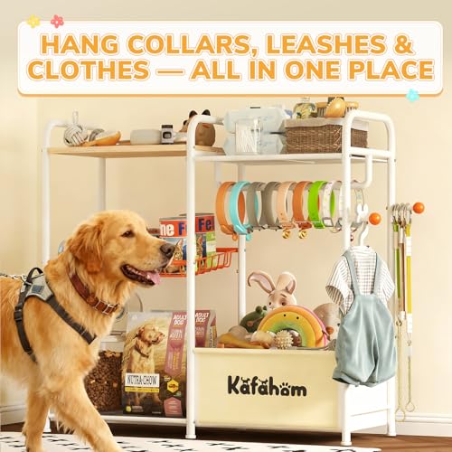 KAFAHOM Dog Toy Bin, Multi-Functional Dog Toy Basket with Collar Rod & Can Dispenser, Puppy Essentials Shelf, Dog Stuff Box, Perfect Basket for Dog Toys in Living Room, Great Gift for Pet Lovers - style: Ball Hook Shelf