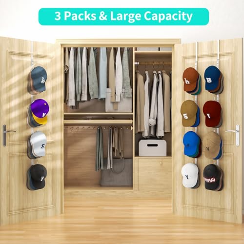 HapiRm Over Door Hat Rack - 3 Packs Hat Organizer with 12 Hooks Design, Hanging Baseball Cap Organizer Storage Holds Up to 60 Caps for Door, Bedroom, Closet (White) - color: White, size: 3 Pack