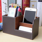 KINGFOM Desk Organizer Office Supplies Caddy Pu Leather Multi-function Storage Box Pen/Pencil,Cell phone, Business Name Cards Remote Control Holder Brown - color: S-Brown