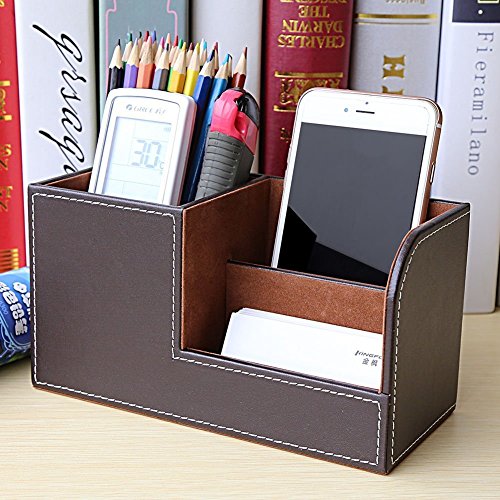 KINGFOM Desk Organizer Office Supplies Caddy Pu Leather Multi-function Storage Box Pen/Pencil,Cell phone, Business Name Cards Remote Control Holder Brown - color: S-Brown