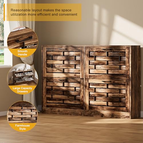 Farmhouse Shoe Cabinet Storage with 4 Flip Drawers for Entryway, Slim Shoe Rack Cabinet with Woven Design Drawers, Narrow Shoe Organizer for Hallway, Apartment, Rustic Brown - color: Rustic Brown, size: 4 Drawers