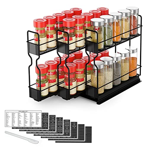 SpaceAid Pull Out Spice Rack Organizer, Heavy Duty Slide Out Seasoning Kitchen Organizer, Cabinet Organizer, with Labels, 7.7" W x10.75 D x10 H, 3 Drawers 2-Tier - style: Three 2"W Drawers, 2 Tier