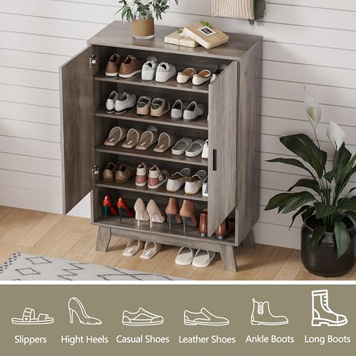 Shoe Cabinet Storage for Entryway, 5 Tier Fluted Shoe Storage Cabinet with Wooden Legs, Narrow Hidden Shoe Organizer with Adjustable Shelves, Freestanding Shoe Rack for Entryway, Hallway, Grey - color: Grey, size: 5 Tier