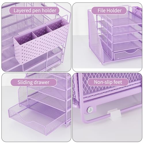 Desk Organizer with Drawer and Pen Holder, 5-Tier Paper Letter Tray Organizer with File Holder, Suitable for Workspace Organizer Office Supplies Storage (Purple) - color: Purple