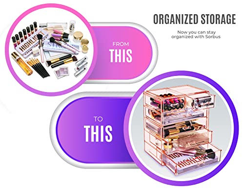 Sorbus Acrylic Makeup Organizer Set, 6-Drawer Vanity & Countertop Cosmetic Storage with Small & Wide Drawers, Pink Makeup Storage for Brushes, Lipsticks, Jewelry – Holiday Gift for Women & Teens - color: Pink, style: 4 Large, 2 Small Drawers
