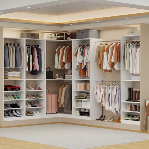 Closet System with 2 Sets, 55" Closet Organizer System with 5 Hanging Rods& Adjustable Shelves,Walk in Closet Corner Free Standing Closet System, Modular Closet System, White