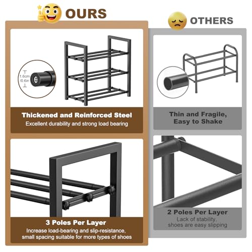 Roylvan 3-Tire Expandable Shoe Rack for Closet, 17"-31" Adjustable Free Standing Shoe Shelf Storage Fits 6-12 Pairs Shoes, Heavy Duty Reinforced Metal Shoes Organizer for Entryway Doorway Dorm
