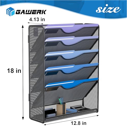 Gawerk 6 Tier Hanging File Organizer, Mesh Wall File Holder Paper Folder Rack with Bottom Flat Tray for Office Home, Black - color: Black, size: 6-T