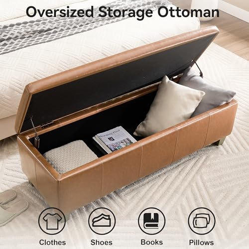 WUTUTUEE 51" Faux Leather Storage Ottoman, Stitch Tufted Rectangle Upholstered End of Bed Storage Bench, Entryway Large Couch Ottoman with Wooden Legs, Light Brown - color: Light Brown, size: 51 Inch