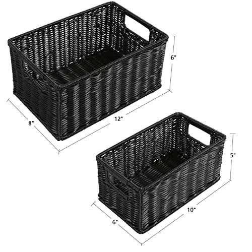 HOONEX Wicker Baskets for Storage, Plastic Baskets for Organizing with Dual Handles, Woven Baskets for Storage, Set of 2, Black - color: Black, size: 12 x 8 x 6 inches