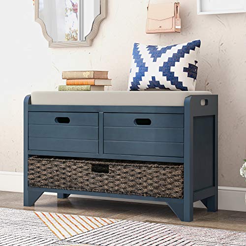 Fully Assembled Storage Bench - Solid Acacia Wood Shoe Organizer with 2 Drawers & Removable Rattan Basket, Rustic Hallway Seating (Navy) - color: Navy