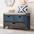 Fully Assembled Storage Bench - Solid Acacia Wood Shoe Organizer with 2 Drawers & Removable Rattan Basket, Rustic Hallway Seating (Navy) - color: Navy