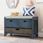 Fully Assembled Storage Bench - Solid Acacia Wood Shoe Organizer with 2 Drawers & Removable Rattan Basket, Rustic Hallway Seating (Navy) - color: Navy