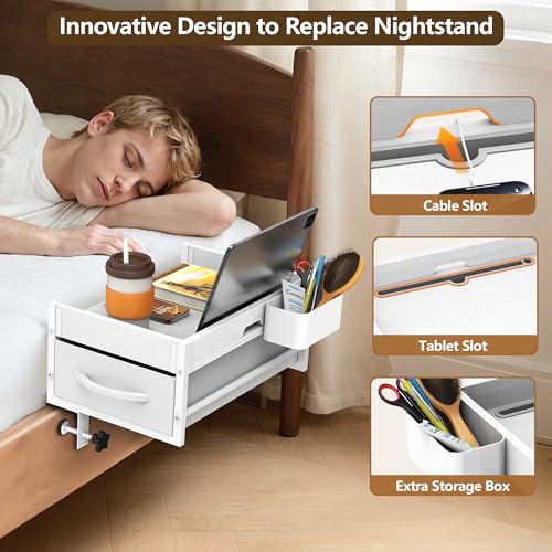 2 Tier Bedside Shelf for Dorm Bunk Bed, Under Mattress Bedside Shelf Clip On Nightstand with Fabric Drawer, Bed Side Table Tray Organizer, Bedside Tray with Cable Management, Back to School (white) - color: White