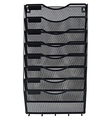 EasyPAG 8 Pocket Mesh Wall File Organizer with Key Hooks, Hanging Paper Folder Holder with Classify Label, Vertical Wall Mount Mail Organizer for Office Home Classroom, Black - color: Black with Hooks, size: 8 Tier