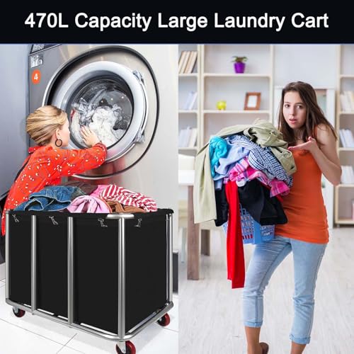 Commercial Laundry Cart with Wheels, 470L Industrial Rolling Laundry Basket, Large Heavy Duty Laundry Sorter with Watertight Oxford Bag & Sturdy Steel Frame for Home, Hotel, Hospital, 440 lbs (Black) - color: Black