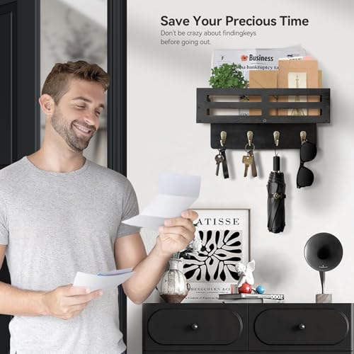 Key Holder Wall Mount, 10 inch Decorative Key and Mail Holder for Wall, with Mail Organizer & 4 Key Hooks, Rustic Wooden Key Rack for Hanging Dog Leash Sunglasses, Entryway Key Hanger, Black - color: Black, size: 10.2IN