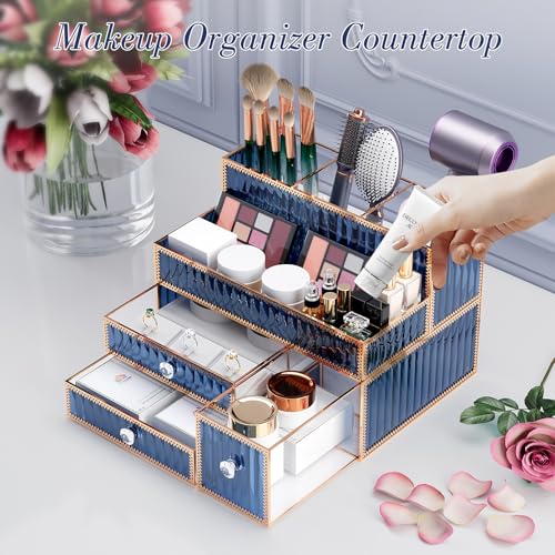 Makeup Organizer Blue - Tempered Glass Vanity Organizer for Cosmetics, Skincare, Hair Tools, Brushes, Perfume - Multipurpose Bathroom Counter Skincare Organizer - color: blue