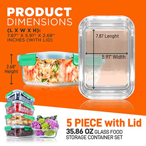 NutriChef 10-Piece Superior Glass Food Storage Containers Set (5 Containers + 5 Locking Lids),Stackable Meal-prep Design, BPA-free Airtight Clear Locking lids with Vent Lids & Air Hole, Wave - color: Wave Green