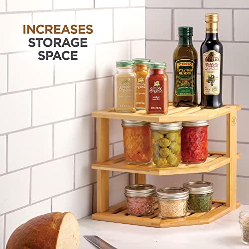 Plate Organizer for Cabinet - 3 Tier Bamboo Corner Shelf Cabinet Organizer for Plates, Bowls, Mugs and Pantry Storage, Space Saving Countertop and Cabinet Corner Shelf, 10 x 10 x 9.5 Inch, Bambusi - color: Bamboo