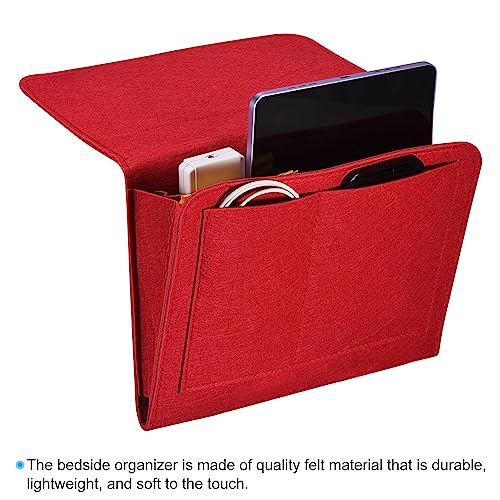 PATIKIL 11in Bedside Caddy, Bed Caddy Bedside Organizer Hanging 5 Pocket Soft Felt Bed Pockets Bedside Storage Organizer Remote Control Holder for Bedroom Phones Glasses, Red - color: Red, size: 10.6*8.6inch