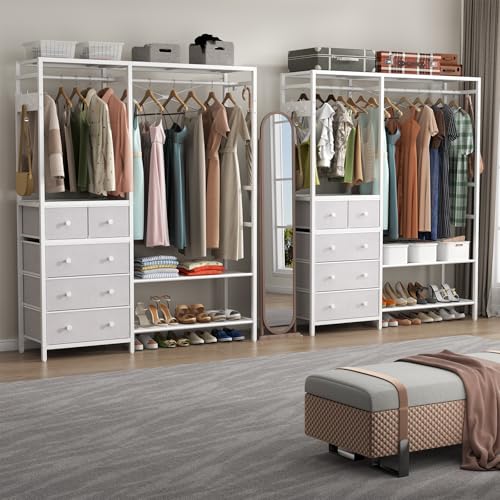 Auromie Clothes Rack with 5 Drawers & 4 Storage Shelves, 59.1W*70.9H Heavy Duty Clothing Rack with 2 Hanging Rods, Wardrobe Closet Organizer System with 5 Hooks, Freestanding Garment Rack (White) - color: White