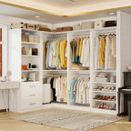 Closet Organizer System of 4 Sets with 3 Drawers, 9 Hanging Rods & 8 Shelves, 157" Walk in Closet System, Corner Closet Organizer, Modular Standalone Closet, White