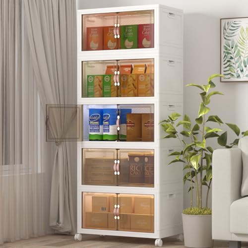 UAMFURI Extra Large Stackable Storage Bins with Lids & Wheels, 600QT-120QT/30GAL*5Pack Foldable Collapsible Closet Organizers Storage Cabinet with Doors for Bedroom Dorm - color: white, size: 5PACK-25"W16"D72"H