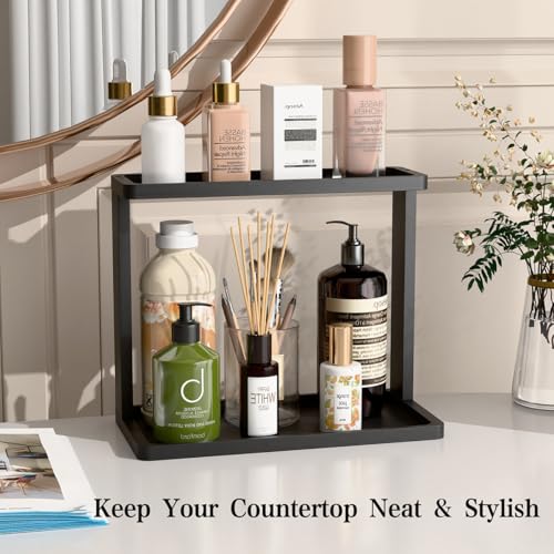 PEKER Bamboo Bathroom Organizer Countertop – Small Vanity Storage Shelf for Makeup, Perfume, Skincare – Natural Cosmetics Display Rack for Dresser, Sink, Kitchen –Black - color: Black Bamboo
