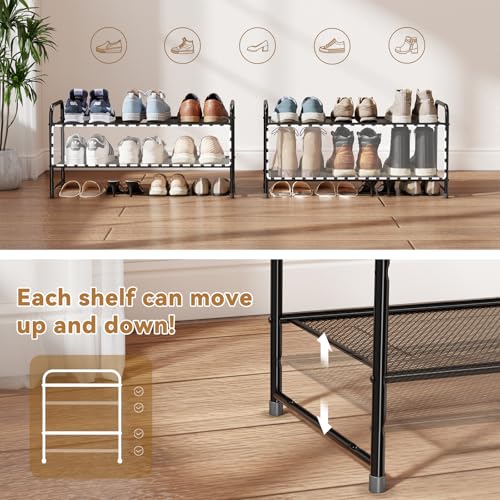 2 Tier Metal Shoe Rack, 27 Inch Wide Stackable Closet Shoe Organizer with Durable Mesh Shelves, Adjustable, Black - color: Black, size: 2 Tier